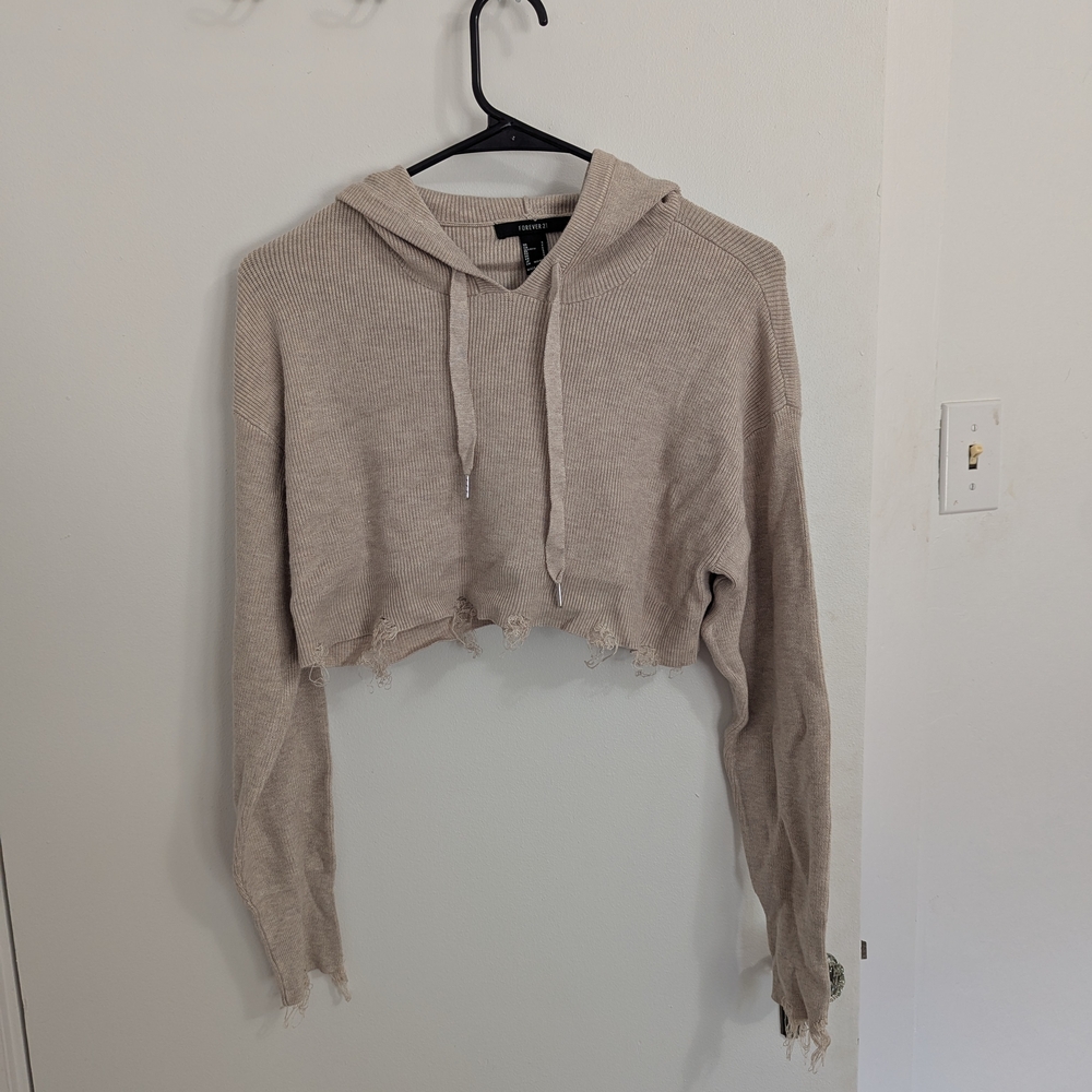 Forever 21 Tan Cropped Hoodie Sweater